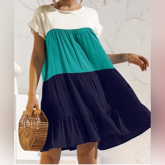 Ruffled Wht, Grn, Blue Colorblock Short Sleeve Crew Neck Shift, Mini Dress. Sz L - Picture 1 of 7